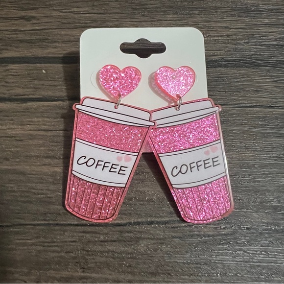 3 FOR $25 Pink Glitter Coffee Cup Earrings - Picture 1 of 4